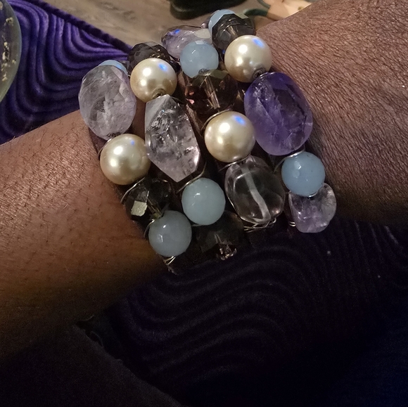 Chunky Wire Wrapped Gemstones Embellished Leather Bracelet - Picture 1 of 5